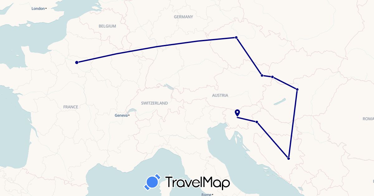 TravelMap itinerary: driving in Austria, Bosnia and Herzegovina, Czech Republic, France, Croatia, Hungary, Slovenia, Slovakia (Europe)